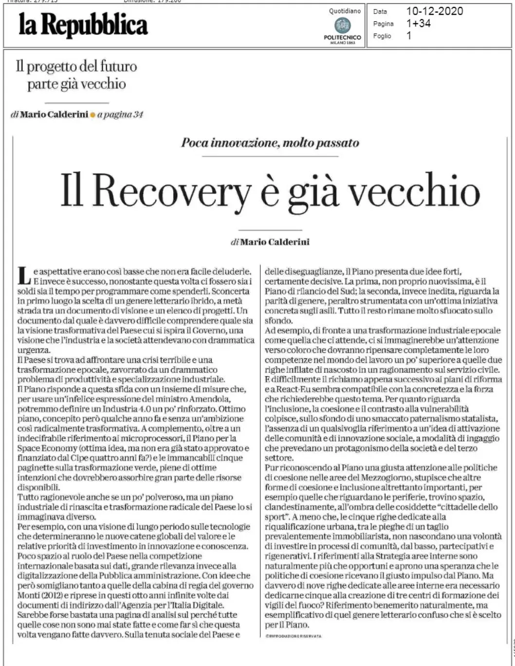 Recovery, il progetto del futuro parte già vecchio